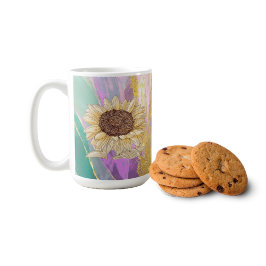 カラフルなメタリックフラワーの背景とひまわり コーヒーマグカップ
