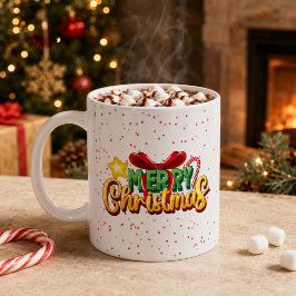 カラフルなメリークリスマスのリボンとキャンディケーンマグ コーヒーマグカップ