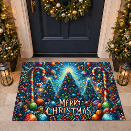 カラフルなメリークリスマスの飾り付けられたツリー ドアマット