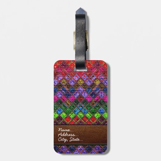 カラフルなモザイクバーラップのエレガントなレザールック ラゲッジタグ (裏面縦)