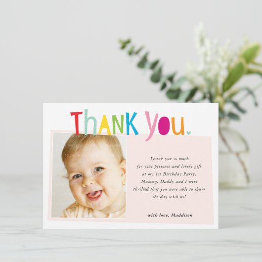 カラフルなモダン タイポグラフィー「写真ありがとう」 サンキューカード (スタンド正面)