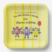 カラフルなモンスターの誕生日パーティー用紙皿 Three Little Monster Colorf