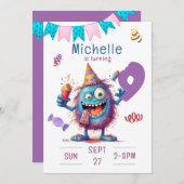カラフルなモンスターの9歳誕生日招待状 招待状 (正面/裏面)