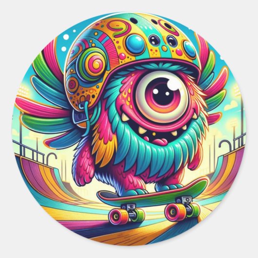 カラフルなモンスタースケートボーダー ラウンドシール (正面)