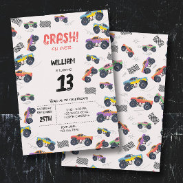 カラフルなモンスター トラック レースの子供の誕生日パーティー 招待状