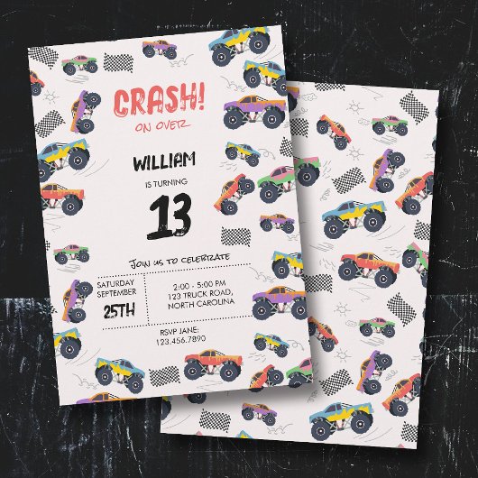 カラフルなモンスター トラック レースの子供の誕生日パーティー 招待状