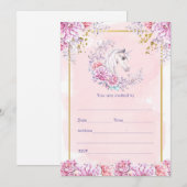 カラフルなユニコーンの水彩花柄の招待状を記入してください 招待状 (正面/裏面)