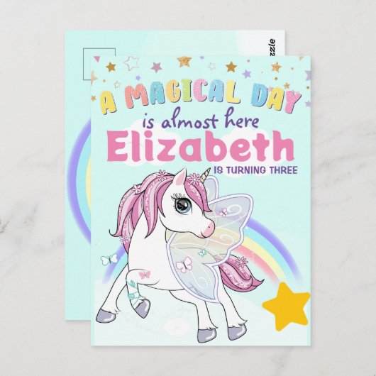 カラフルなユニコーンの虹のキュートで魔法のようなピンク ポストカード (正面/裏面)