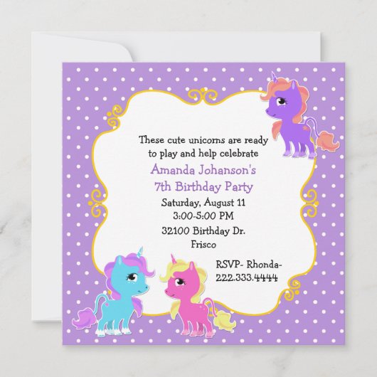 カラフルなユニコーンの誕生日のパーティの招待状 招待状 (正面)
