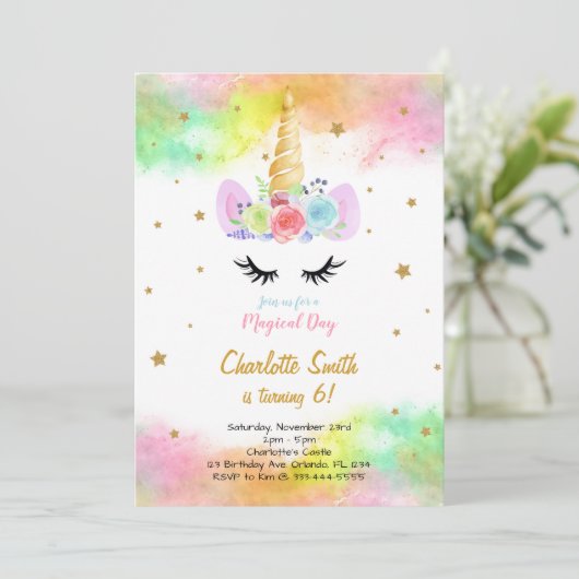カラフルなユニコーンの誕生日パーティー招待状 招待状 (スタンド正面)