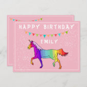 カラフルなユニコーンバンティングフラッグ ピンク ハッピー バースデー ポストカード (正面/裏面)