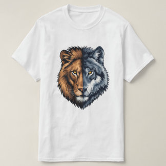 カラフルなライオン・ウルフのスプリットフェイスイラスト Tシャツ