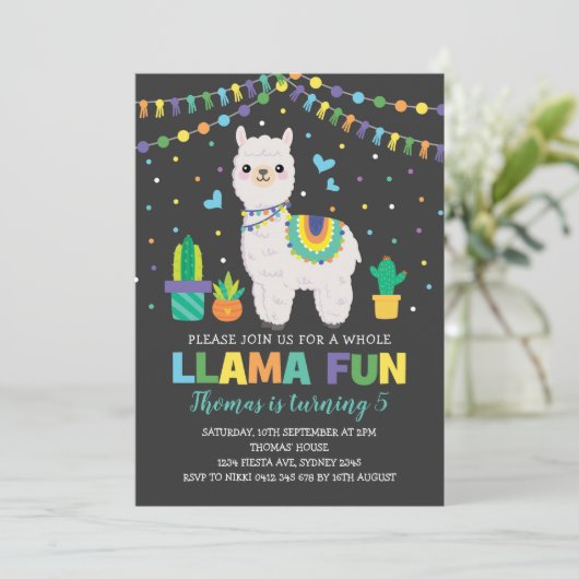カラフルなラマの誕生会/男の子のフェスタのアルパカ 招待状 (スタンド正面)