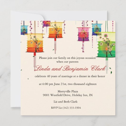 カラフルなランタン 桜の木 鳥たち 記念日 招待状 (裏面)