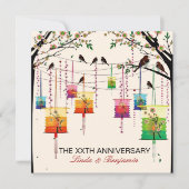 カラフルなランタン 桜の木 鳥たち 記念日 招待状 (正面)