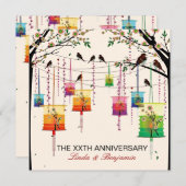 カラフルなランタン 桜 鳥 記念日 招待状 (正面/裏面)