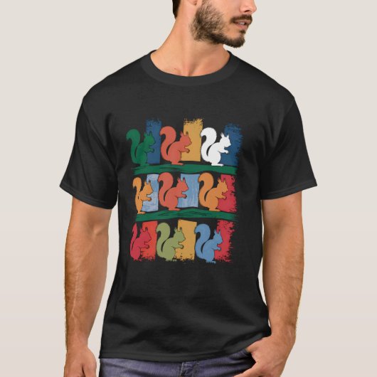 カラフルなリスが並ぶディストressedモダンな自然アート tシャツ (正面)