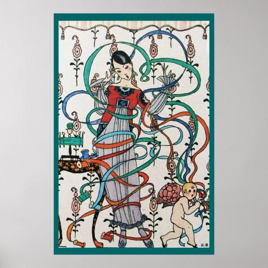 カラフルなリボンが渦巻くキューピッドの若い少女 ポスター (正面)