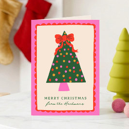 カラフルなリボンのクリスマスツリーのスカラップフレーム折りたたみカード シーズンカード