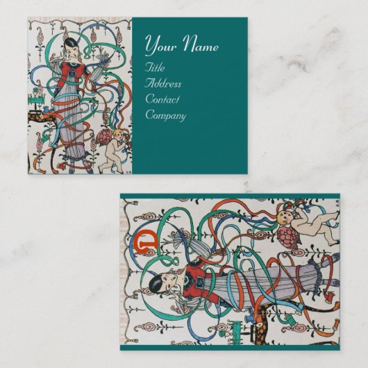 カラフルなリボンの渦巻きとキューピッドの若い少女 名刺 (正面/裏面)