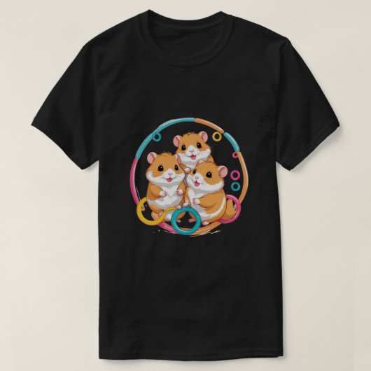 カラフルなリングで遊ぶかわいいハムスター3匹 Tシャツ (デザイン正面)