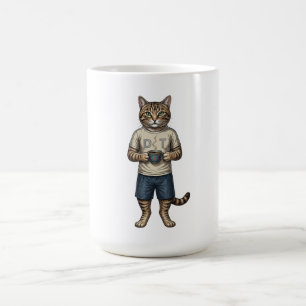 カラフルなレトロねこ コーヒーを飲む ヴィンテージ動物 コーヒーマグカップ