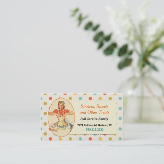 カラフルなレトロの水玉模様のベーカリーの名刺 名刺 (スタンド正面)