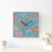 カラフルなレトロの腰回りが大きでシックな花の花柄 スクエア壁時計 (ホーム)