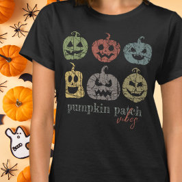 カラフルなレトロハロウィンのカボチャパッチの雰囲気 Tシャツ