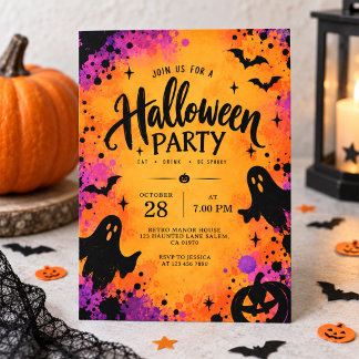 カラフルなレトロハロウィンパーティー 招待状