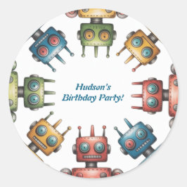 カラフルなレトロロボットの男の子の誕生日パーティー ラウンドシール