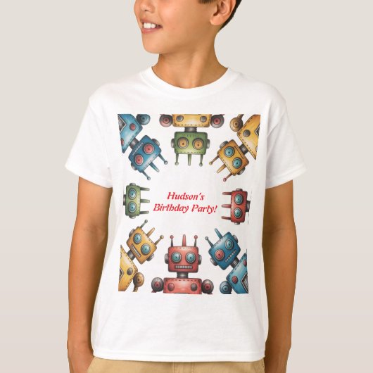 カラフルなレトロロボット 男の子の誕生日パーティー Tシャツ (正面)
