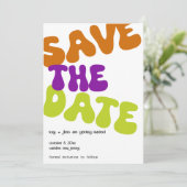 カラフルなレトロ風の結婚式の事前お知らせカード 招待状 (スタンド正面)