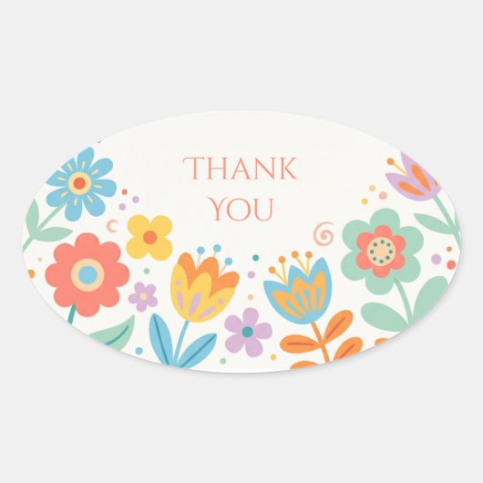 カラフルなレトロ フラワー Thank You 楕円形シール (正面)