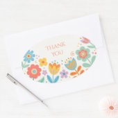 カラフルなレトロ フラワー Thank You 楕円形シール (封筒)