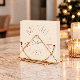 カラフルなレトロ メリークリスマス ファミリーネーム スタンダードカクテルナプキン