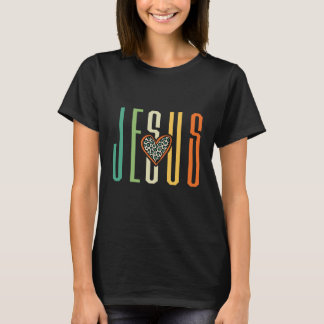 カラフルなレトロJESUSヒョウ柄ハートのクリスチャンデザイン Tシャツ