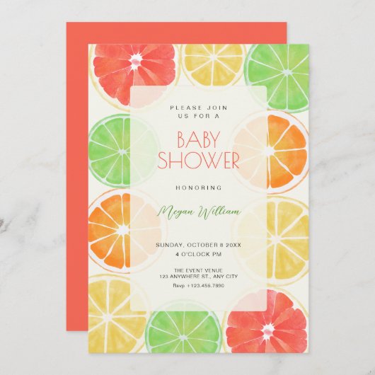 カラフルなレモンのベイビーシャワー 招待状 (正面/裏面)