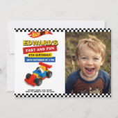 カラフルなレースカーの子供パーティー 招待状 (正面)