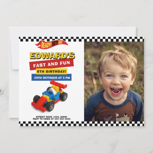 カラフルなレースカーの子供パーティー 招待状 (正面)