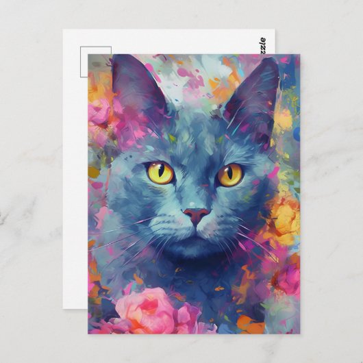 カラフルなロシアンブルーの猫 ポストカード (正面/裏面)
