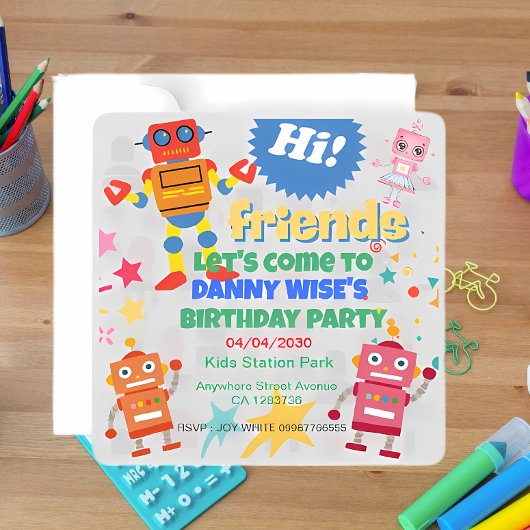 カラフルなロボットをテーマにした誕生日パーティーの招待状 招待状