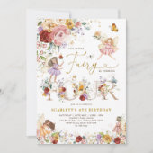 カラフルなワイルドフラワーのフェアリー・プリンセス 4歳の誕生日 招待状 (正面)
