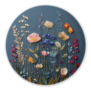 カラフルなワイルドフラワーの草原のフェイク刺繍の引き出し用取っ手 セラミックノブ