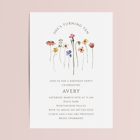 カラフルなワイルドフラワーの10歳誕生日パーティー 招待状