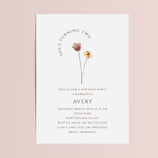 カラフルなワイルドフラワーの2歳誕生日パーティー 招待状