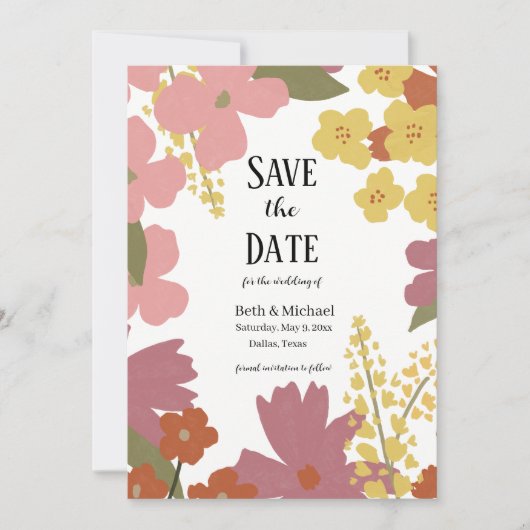 カラフルなワイルドフラワーの「Save the Date」 招待状 (正面)