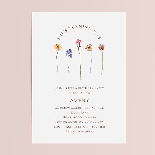 カラフルなワイルドフラワー 5歳誕生日パーティー 招待状