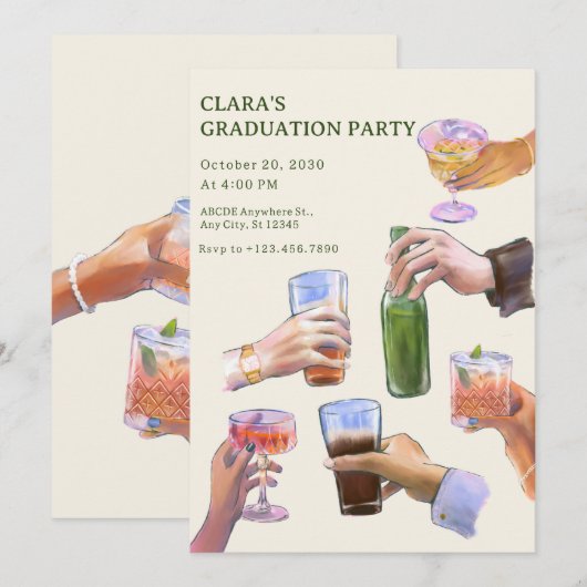 カラフルなヴィンテージコックテイルで乾杯!卒業パーティー 招待状 (正面/裏面)