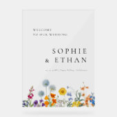 カラフルなヴィンテージワイルドフラワーウェディングウェルカム アクリルサイン (正面)